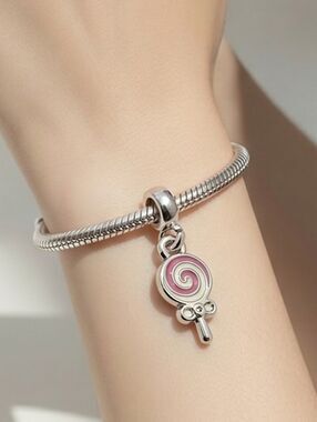 Pink Swirl Lollipop 3D Bracelet Charm Silver Carnival Party Jewelry Summer Fun
